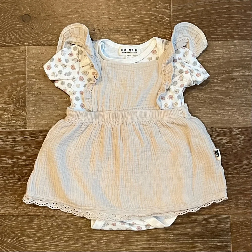 Baby Girl Outfit Dress Set Beige Floral Bodysuit Size 12 Months